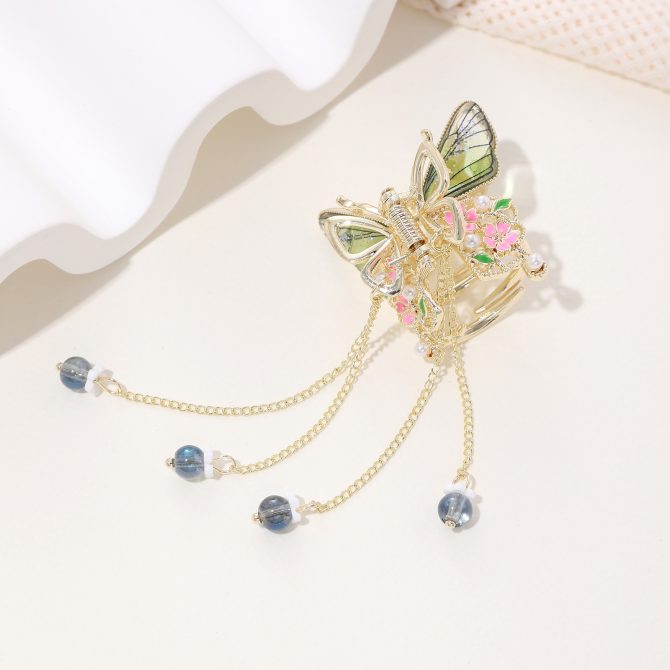 Pink-Green Golden Butterfly Hair Claw
