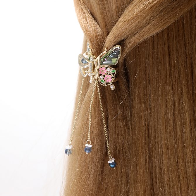 Pink-Green Golden Butterfly Hair Claw