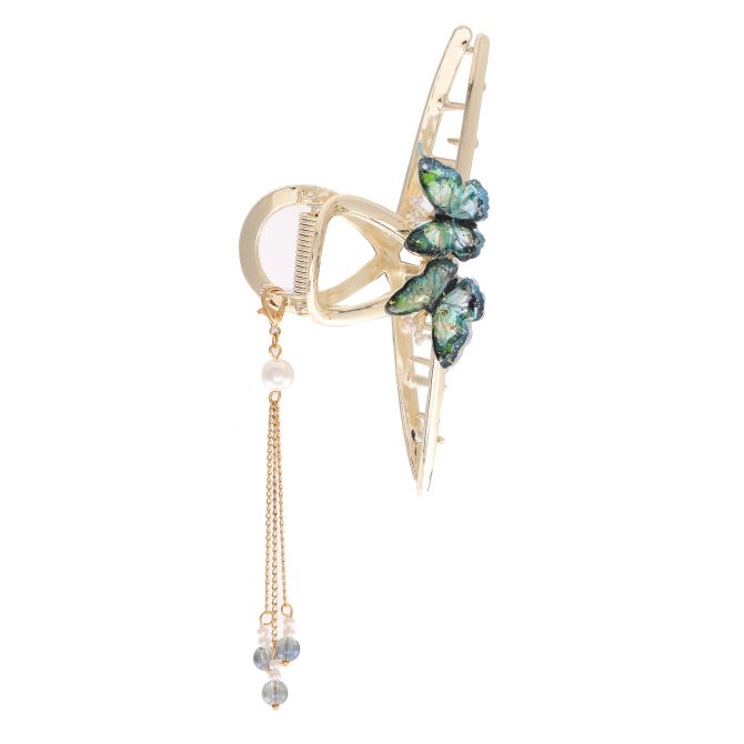 Gold Claw Clip with 2 Emerald Butterfly