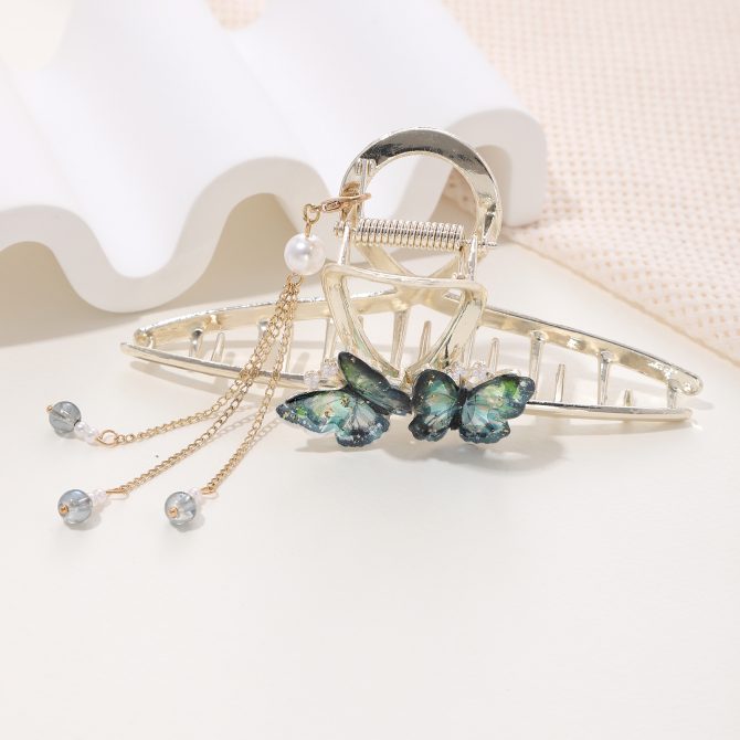 Gold Claw Clip with 2 Emerald Butterfly