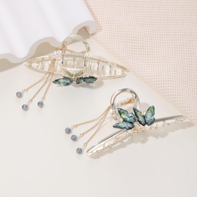 Gold Claw Clip with 2 Emerald Butterfly