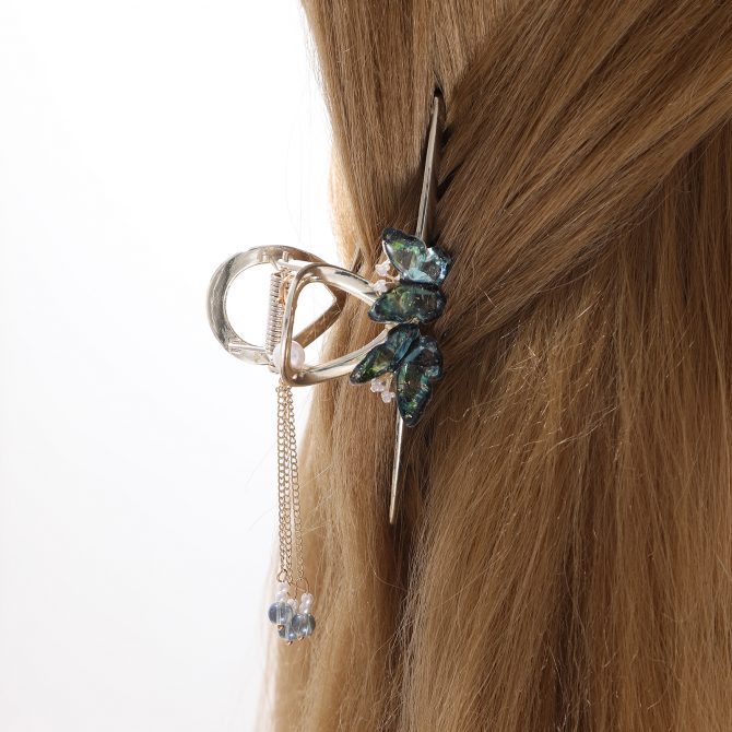 Gold Claw Clip with 2 Emerald Butterfly