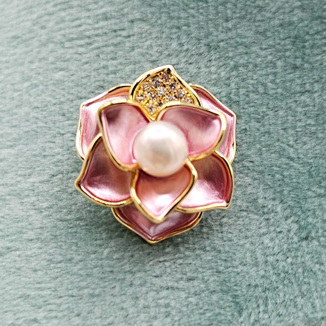 Small Gold Metal Rhinestone Pearl Pink Flower Opal Brooch