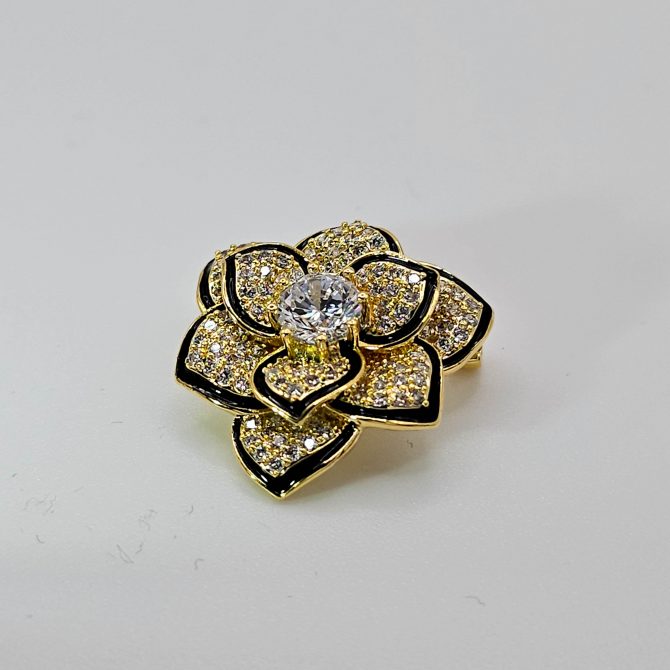 Small Gold Metal Rhinestone Flower Brooch