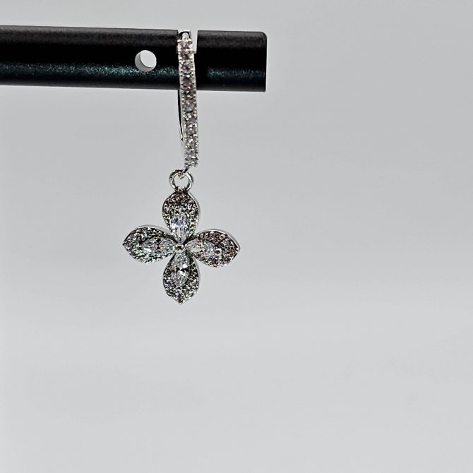 Silver Crystal Flower Hoop Dangle Earring For Women, Silver Crystal Earring Made Of Steel