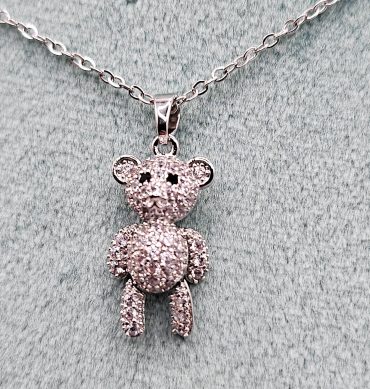 Silver Teddy Bear Crystal Necklace For Girls
